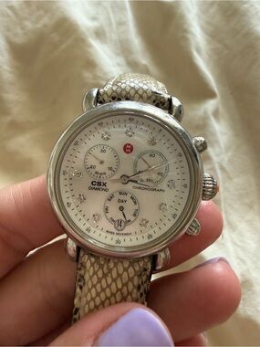 Michele CSX Diamond Chronograph Watch in White and Beige Snake-Print Strap